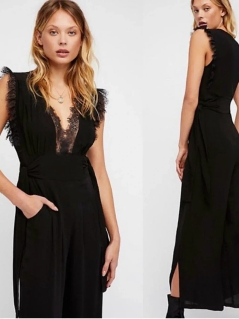 Free People Cem Black Lace-Trim V-Neck Wide-Leg Jumpsuit - Picture 4 of 8